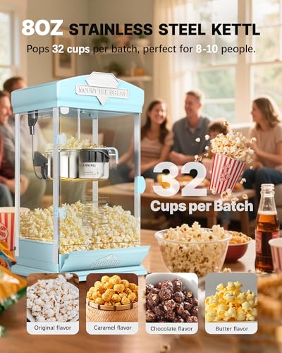 Image of 8 Oz Popcorn Machine, Movie Theater Style Pop Corn Machine Maker, 300 W, Table Top Popcorn Maker Machine Makes Up to 32 Cups, Popcorn Popper Machine with Stainless-Steel Kettle for Home Family, Cyan