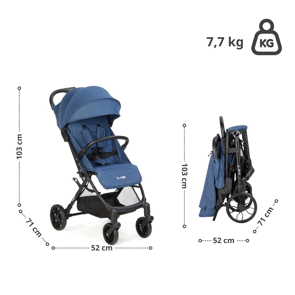 Nurse Hit Silla de Paseo Ligera hasta 22 kg, Plegado Compacto con Una Mano, Asa de Transporte, Respaldo Reclinado, Capota Extensible, Azul — view 2