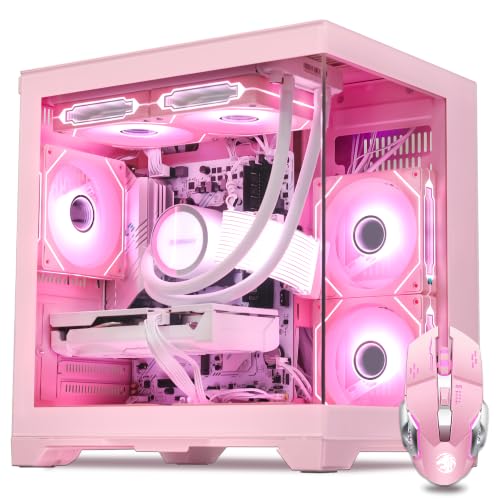 HOENGAGER Panorama Prebuilt Gaming PC W/Mouse AMD Ryzen 7 5700X GeForce RTX 5060 32GB DDR4 RAM 1TB NVMe SSD 240mm AIO & Software Control ARGB Fans Windows 11 Desktop Computer Pink