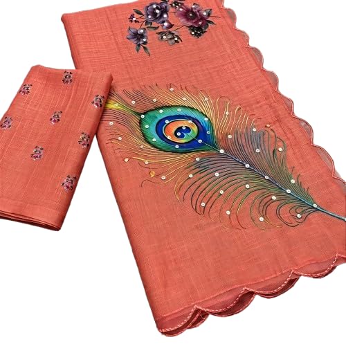 Peacock Feather Hand Painted Salwar Suit Fabric, Peach-image-11