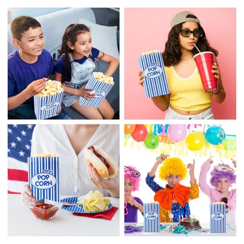 Image of Potchen 300 Pcs Paper Popcorn Bags Bulk 2 oz Large Individual Serving Popcorn Bag Flat Bottom Disposable Container Vintage for Movie Night Themed Summer Back to School Party Carnival (Dark Blue)