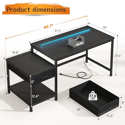 Image of DurayLoly 48 inch Gaming Desk with Printer Shelf & Drawer for Teen Gaming Room | Printer Shelf & Storage Drawers; Store Printer, Stationery and Daily Gadgets for Teen Dorm & Bedroom Workspace, Black