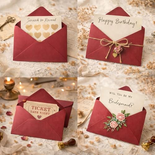 Image of Celebrations Red Kraft Paper Envelopes for Love Letters & Romantic Messages, Vintage Red Envelopes for Handwritten Notes, Anniversary Cards & Valentine's Day Letters - Pack of 25