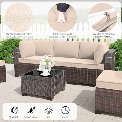 Image of 13 Pieces Outdoor Patio Furniture Set,Outdoor Sectional Furniture with 43 inch 55000 BTU Gas Propane Fire Pit Table,PE Rattan Wicker Patio Conversation Set with 10 Thickened Cushions,Sand