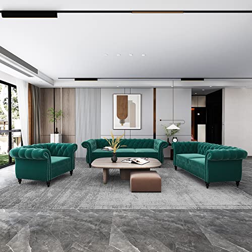 Image of QHITTY 3 Piece Living Room Set, Sectional Chesterfield Sofa Chair Contemporary Upholstered Velvet Loveseat Couch Sets for Living Room, Bedroom, Office