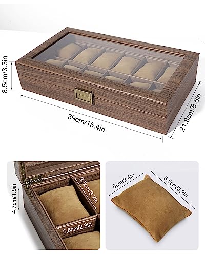 Image of Uten Watch Box 12 Slots, Watch Case Organizer with Real Glass Lid, Wood Grain PU Leather Watch Display Storage Box with Removable Imitation Suede Watch Pillows, Metal Clasp | Watch Jewelry Box, Soft Pillow, Metal Clasp, for Watch Size up to 55mm, Gifts for Collector, Anniversary, Christmas