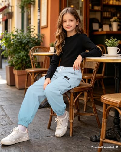 Image of Betusline Girls Fall Winter Clothing Sets, Long Sleeve Crop Top & Cargo Jogger Pants 2 Piece Outfit Sets,4T-14Y