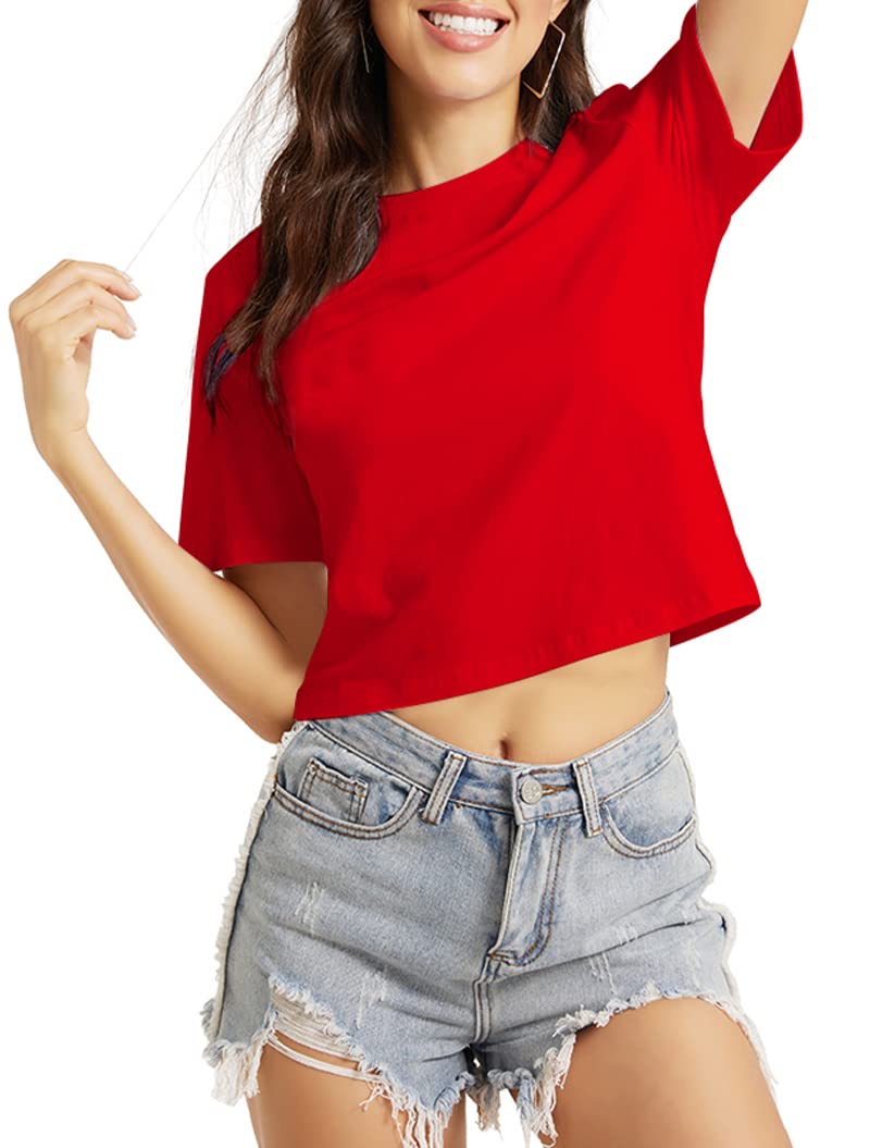 GUBUYIWomen's Basic Loose Crewneck Short Sleeve Crop Top Casual Solid Fitted Crop T-Shirt