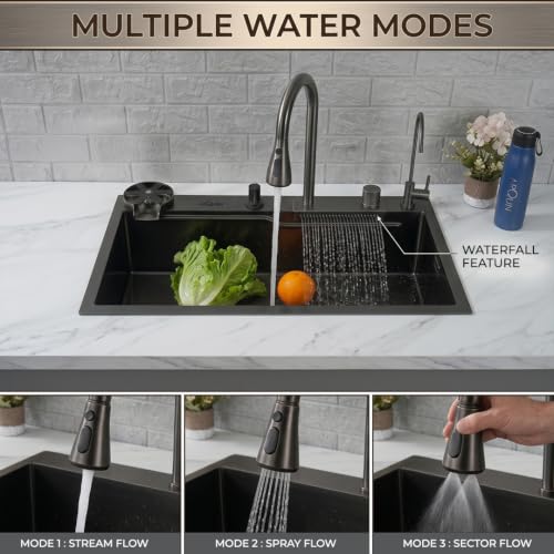 Image of ARQUIN Kitchen Sink 24 inchx18 inchx9 inchInch Waterfall Kitchen Sink Original 304 Grade Stainless Steel ANTI SCRATCH Black Matt Finish DESIGN Integrated Pull-down Faucet with Cup washer & Drain Baskets
