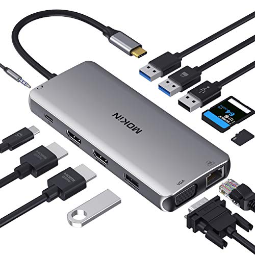 USB C Docking Station, Dual HDMI Adapter 12 in 1 Triple Display USB C Hub with VGA, Gigabit Ethernet, 100W PD, 4 USB Ports, SD/TF Card Reader Audio for MacBook Pro and Type-C Laptops