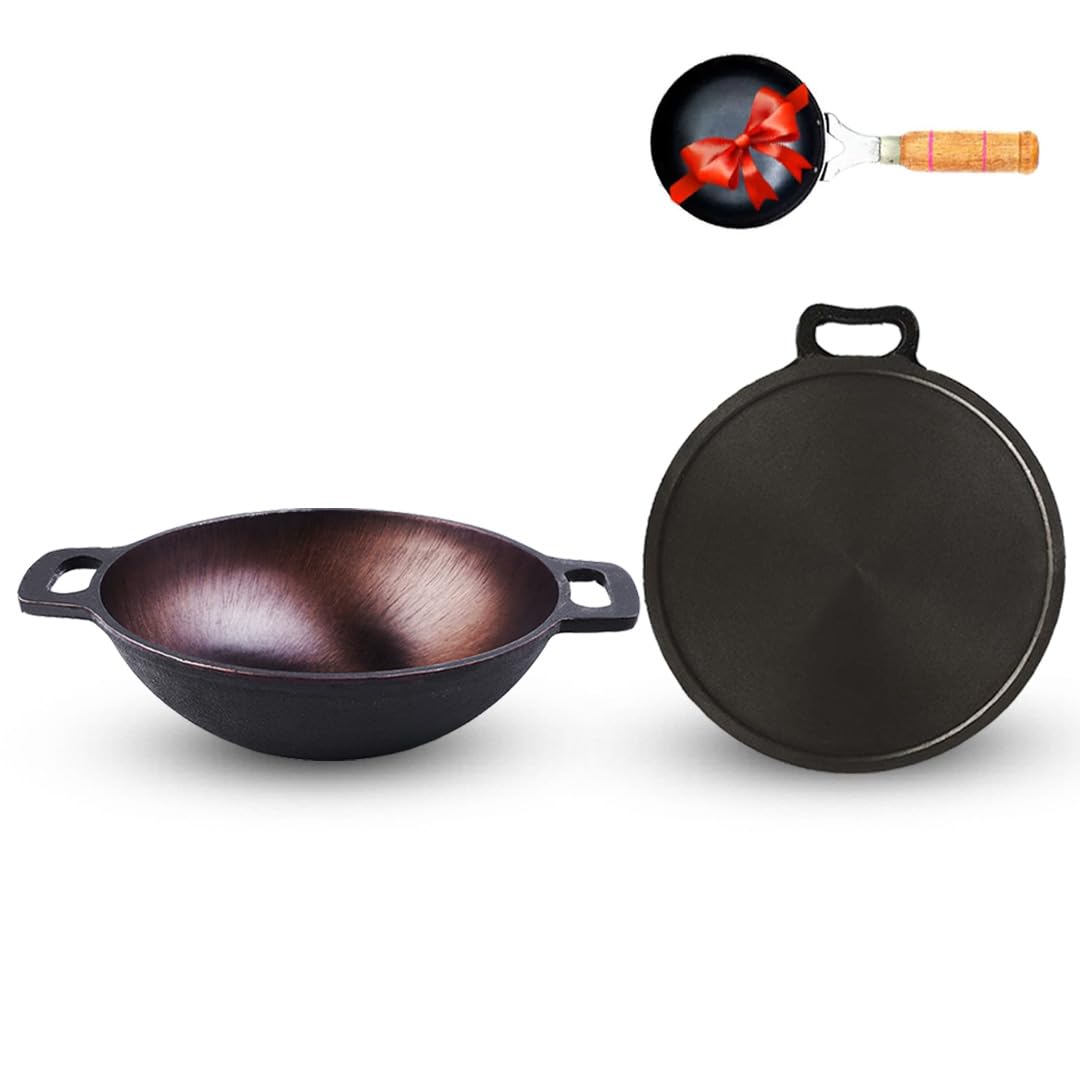 The Indus ValleySuper Smooth Cast Iron Tawa/Tava for Dosa/Roti/Chappati/Naan with Handle | Gas & Induction-Friendly | Pre-Seasoned, 100% Toxin-Free (Tawa 10.8 Inch + Kadai 10Inch + Iron Tadka Pan)