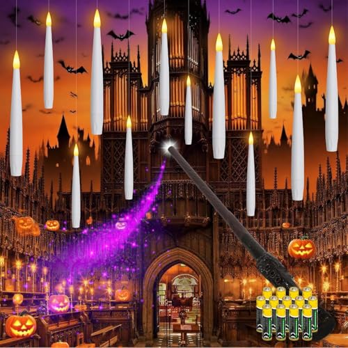 Dixmas Floating Candles with Magic Wand Remote and Batteries, 12Pcs Flickering LED Taper Candle, Hanging LED Candles for Halloween Christmas Wedding Birthday Party Decor