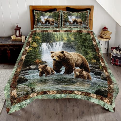 Jeminise Vintage Bear Family in Forest Quilt Set- Lightweight All Season Bedding, Bear Quilts with Pillowcases, Rustic Animals Bed Set - Family Bears Quilt for Bedroom Kid's Room (D7)