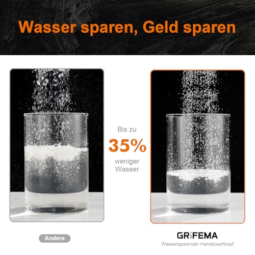 GRIFEMA Duschkopf Wassersparend, Hochdruck Handbrause mit 3 Strahlarten, Druckerhöhender Sparduschkopf, Anti-Kalk, Universelle Passform ohne Schlauch, Chrom, G807