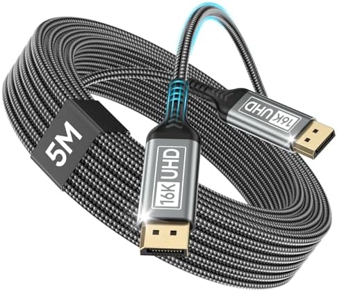 Nersligek DisplayPort Kabel 2.1 5M-DP Kabel Unterstützt 16K@60Hz, 10K@60Hz, 8K@120Hz, 4K@240Hz/165Hz/144Hz, 2K@360Hz/240Hz, 80Gbps, HDR, DSC1.2a, FreeSync, G-Sync für Gaming Monito