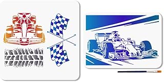 MAYJOYDIY 2Pcs Racing Car Stencil Checkered Flag Painting Stencils 11.8×11.8/11.7×8.3inch Reusable Tire Tracks Drawing Template with Paint Brush for Craft on Window Wood Wall Home Decor
