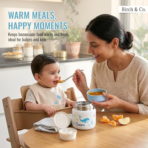 Image of Birch & Co. Baby Feeding Bowl and Spoon Set, Stainless Steel Food Bowls - 500ml, 304 Stainless Steel Baby Food Container with Double Wall Vacuum Insulation, BPA-Free Leak-Proof for School & Travel, Blue