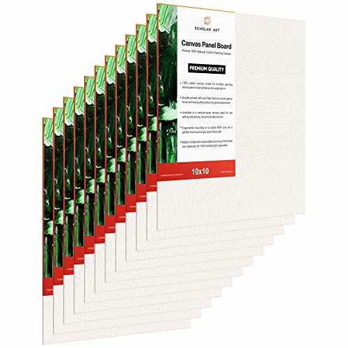 Image of Scholar Art Hobby Series 04 Oz (230 GSM) 100% Cotton Canvas Panel Board for Painting (White Blank Canvas Boards for Acrylic Paint, Oil Paint, Wet & Dry Media) | 10 inchx10 inch (25x25 cm), Pack of 12
