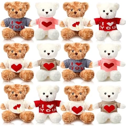 Hungdao 12 Pcs Set of Stuffed Bears, 10 Inch Valentines Stuffed Bears Small Plush Bear Animals with Clothes Cute Soft White Brown Stuffed Bears for Valentines Day Gift Birthday Party Favors Cover
