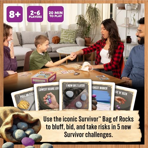 Image of Exploding Kittens Survivor: Let's Go to Rocks Game for Ages 8+, 2 to 6 Players, Strategy and Challenge Party Game with Rocks, Cards, and Immunity Necklace.