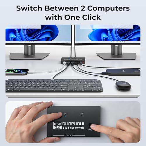 Image of USB 3.0 Switch 2 Computers Sharing USB C & A Devices,Easy One-Click Device Switching with USB-C Cable & USB-A Cable,USB Switch Hub Share Keyboard Mouse Printer Scanner(USB3.0 2in4out)