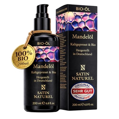 Satin Naturel Bio Mandelöl kaltgepresst 200 ml – 100% naturreines Süßmandelöl – Haaröl, Gesichtsöl, Körperöl & Babyöl – Pflege für Haut & Haare – Für trockene & empfindliche Haut