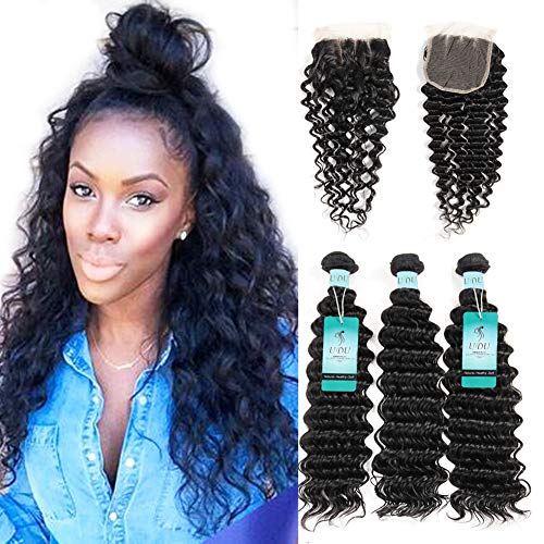 UDU Brazilian Deep Wave Bundles with Closure, Deep Curly 3 Bundles with Lace Closures Brazilian Curly Weave Human Hair Loose Deep Pineapple Curly Inventory Clearance Size (12 14 16 +12)
