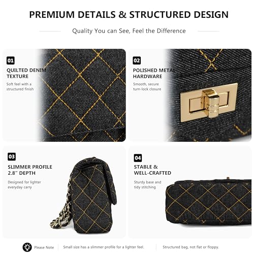 Image of M-ioi-M Quilted Denim Crossbody Bags for Women, Chain Strap Shoulder Bags, Medium Double Flap Purse, Gold Hardware Jean Purse