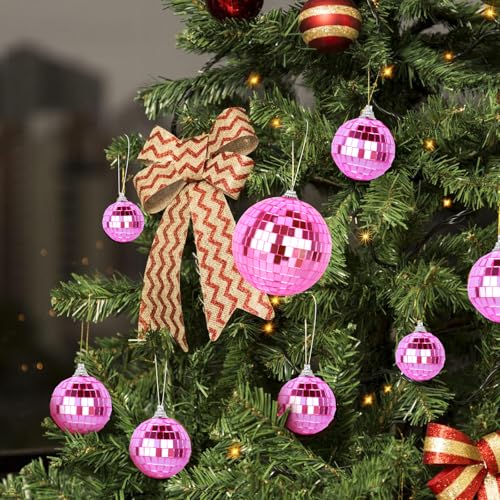 YCCOKJJ Discokugel Deko 41Pcs Spiegelkugel Rosa mit Hängendem Seil, 4 Größen Ø4, 3, 2, 1.2 Zoll, Reflective Mini Disco Spiegel Ball Hängekugel Spiegelkugel für Weihnachtsbaum Home Party Bar Dekoration