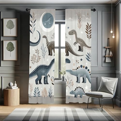 Ambesonne Dinosaur Window Curtains, Funny Nights Art Starry Atmosphere Jurassic Animals Cartoon Design Leafy, Lightweight Decorative 2-Panel Set & Rod Pocket, Pair of - 28