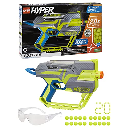 Nerf Hyper Fuel-20 Blaster, 20 Nerf Hyper Rounds, velocidad de hasta 110 FPS, alimentado por tolva, capacidad de 20 rondas, fácil recarga, gafas incluidas