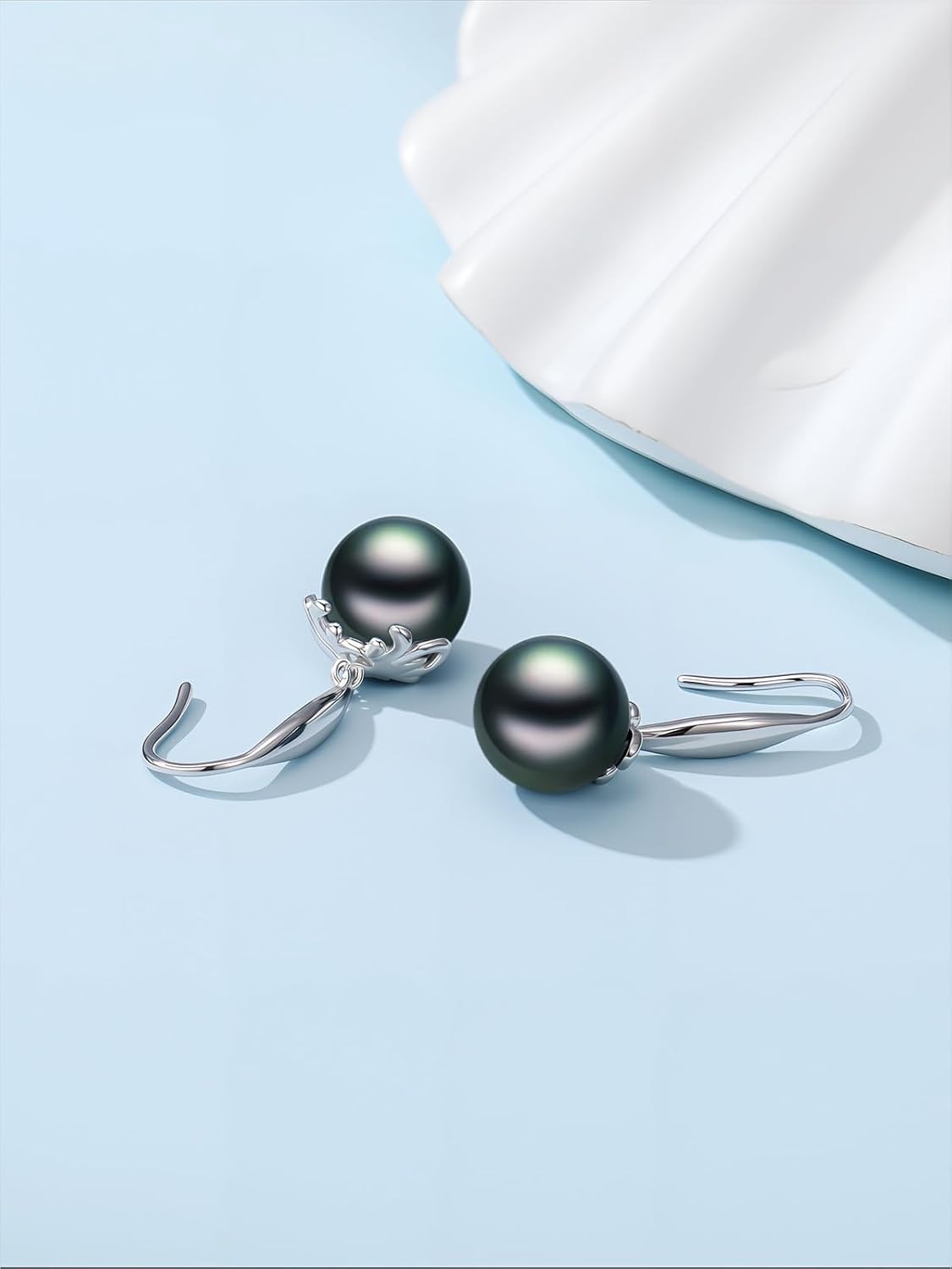 Tahitian Black Pearl 7MM AAAA 18K White Gold Plated Sterling Silver Dangle Drop Earrings for Women Wife Mom Girlfriend Valentine Jewelry Gift for Mother Day Wedding Anniversary Birthday