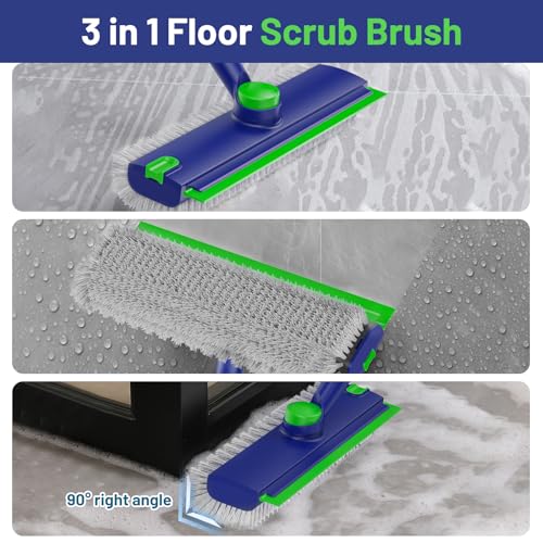 Image of 3 in 1 Floor Scrub Brush with Long Handle & Squeegee | Heavy-Duty, Adjustable, 360 Rotating Head for Cleaning Tile Bathroom Deck Kitchen Patio, Blue