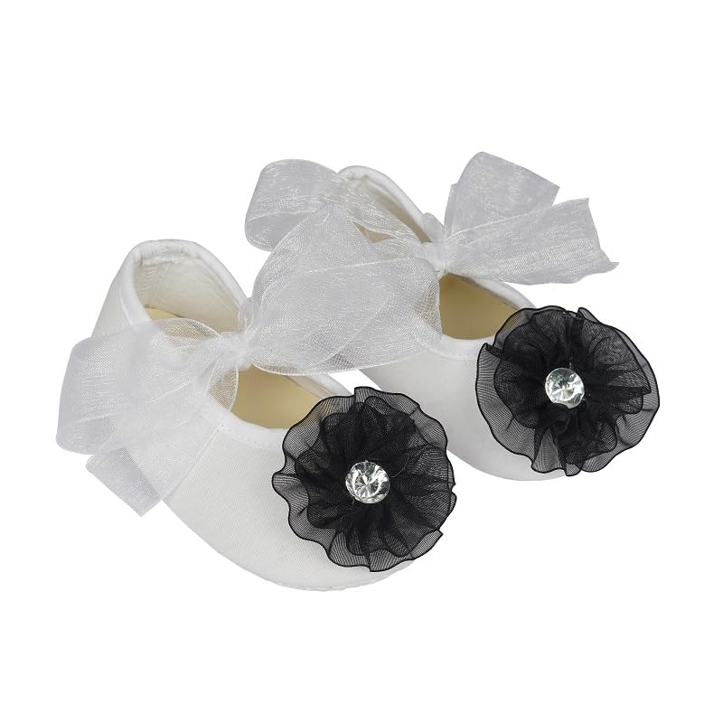 Infant New Baby Toddlers Boys and Girls Cotton White Sandal Ribbon Booties With Black Flower Patch [RSM_32]-image-37