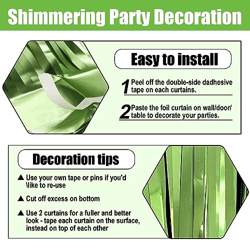 Image of 6 Pack Light Green Foil Fringe Curtain Backdrop, 3.28Ft x 8.2Ft Metallic Tinsel Foil Fringe Streamer Curtains for Photo Booth, Christmas Day, Thanksgiving, Wedding, New Year Party Decorations