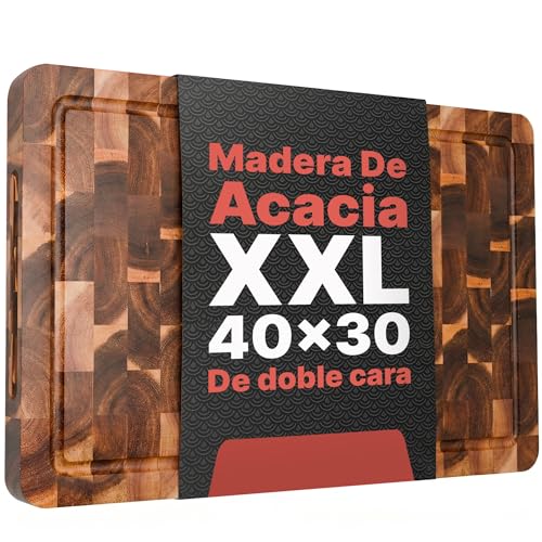 Matakumi Tabla Cortar Cocina – Hecha de Acacia Madera con Asas Laterales, Canal para Jugos y Madera de Extremo para Proteger la Cuchilla del Cuchillo – De Dos Caras (40 x 30 x 3 cm)