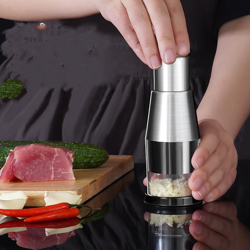 Stainless Steel Manual Garlic Press and Vegetable Chopper, Kitchen Mincer Tool with Container