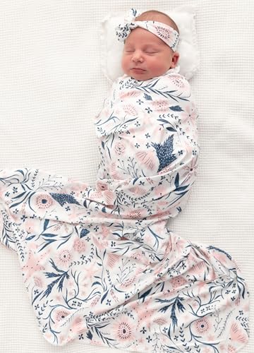 Image of Newborn Baby Swaddle Sets with Headband Blue and Pink | Baby Grils Receiving Blanket with Name Card Stretch Wrap