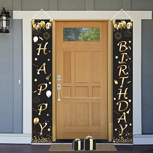 BannièRe D'Anniversaire Noire et Dorée, Décorations de Fête D'anniversaire en Plein Air, Décorations de Porte D'anniversaire, Toile de Fond de Fête D'anniversaire, Décorations de Porche D'anniversaire Cover