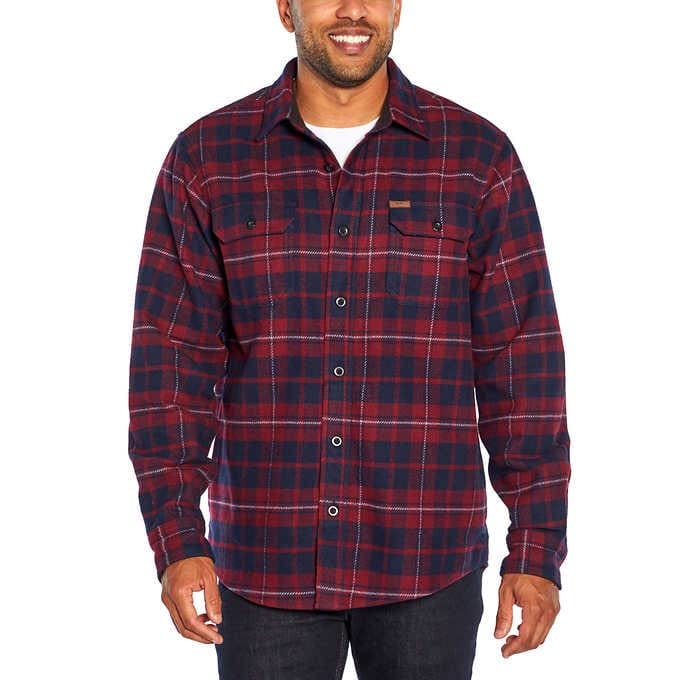 OrvisMen's Size Large Heavy Weight Double Brushed Flannel Button up Shirt Long Sleeve Plaid with Hand Warmer Pocket Red Navy