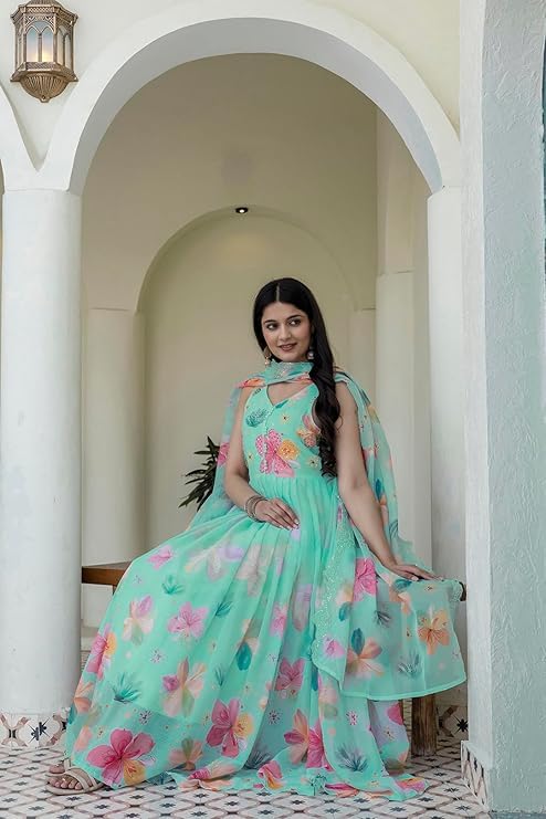 Image of KD Women's Floral Print Anarkali Kurta Set with Pant and Dupatta, Georgette, Full Sleeves, Asymmetric Hemline