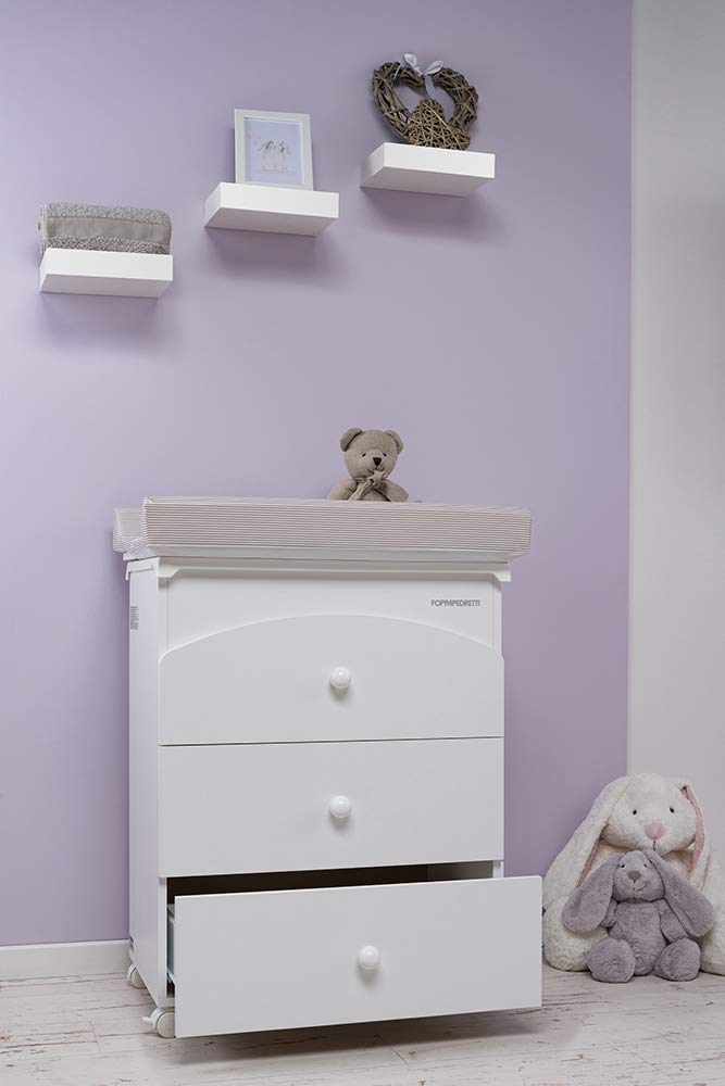 Foppapedretti Bagnetto Fasciatoio IlBagnetto, Legno, 3 Cassetti, Piano Ribaltabile, Vaschetta Anatomica Estraibile, 4 ruote, Materassino Incluso, 89x46x69 cm, Bianco