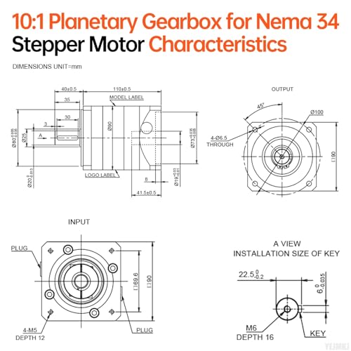 Image of Ratio 10:1 Planetary Gearbox for Nema 34 Stepper Motor 90-110mm | Planetary Reducer for 86 step motor Backlash 10 arcmin Input Shaft 41.5mm φ19mm 4 Screw 2 Plug 1 Key CNC 3D Printer Lathe