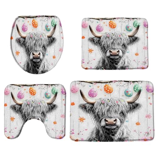 4 Piece Bathroom Rug Sets Happy Easter Highland Cow Bath