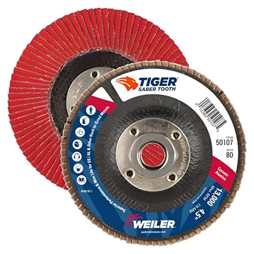 Image of Weiler 50107 Saber Tooth 5 /8 inch-11 Arbor, 4-1 /2 inch Diameter, 80 Grit, Ceramic, Phenolic Backing, Angled Abrasive Flap Disc (Pack of 10)