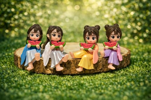 Image of Cute Miniature Watermelon Girl Figurines Set of 4 | PVC Tiny Dollhouse Accessories | Fairy Garden Mini Decor Showpieces | Gift Items for Home Desk Shelf
