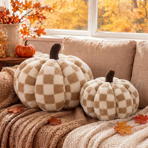 Leinuosen 2 Pcs Fall Pumpkin Pillows Brown White Checkerboard 3D Pumpkin Shaped Throw Pillows Plush Fleece Cozy Fall Decor for Home Bedroom Sofa Couch Living Room Thanksgiving Halloween Decor