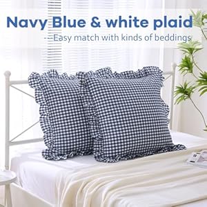 2 pack navy blue white plaid ruffle euro shams pillow covers 26×26 inches 100 cotton gingham checkered farmhouse shabby pillowcases for bedsofa 26×26 inches navy bluewhite plaid  urban country home decor