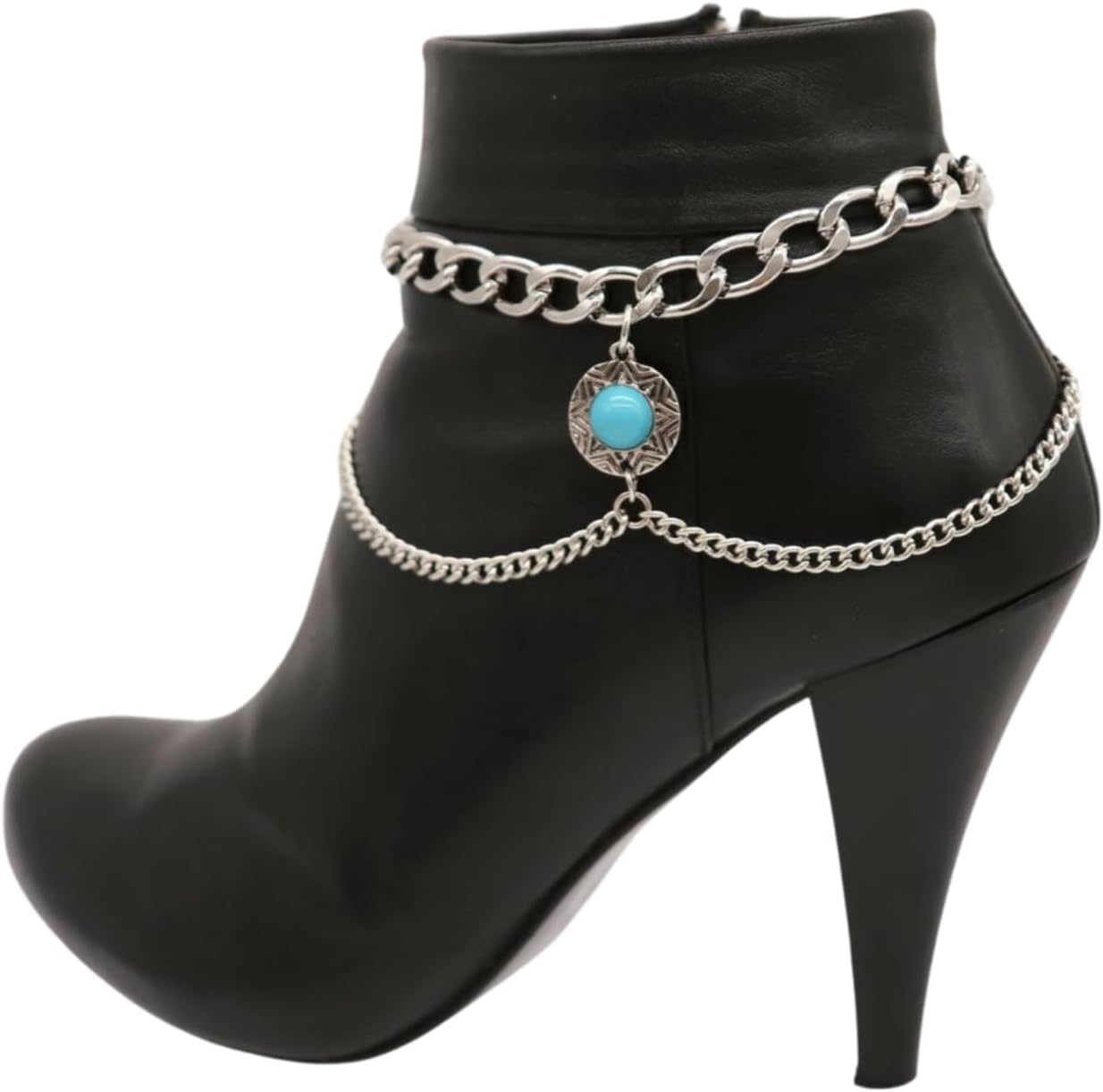 Trendy Fashion Jewelry Women Western Boot SET Silver Metal Chain Wave Bracelet Shoe Anklet Turquoise Coin Charm HANDMADE In USA BC131
