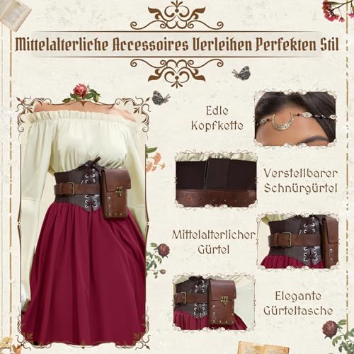 LumenVela Mittelalter Kleidung Damen, Renaissance Kleid Damen und Off Shoulder Bluse mit Corsett, Gürteltasche, Kopfschmuck, Gürtel, Viktorianisches Kostüm für Halloween Karneval (Rot, L)